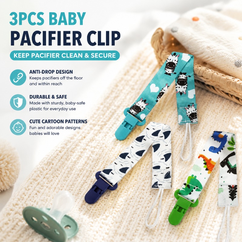 Baby Food Pacifier - 3-teiliges Baby-Schnullerclip-Set mit Cartoon-Muster, Langlebiger Kunststoff-Schnullerhalter