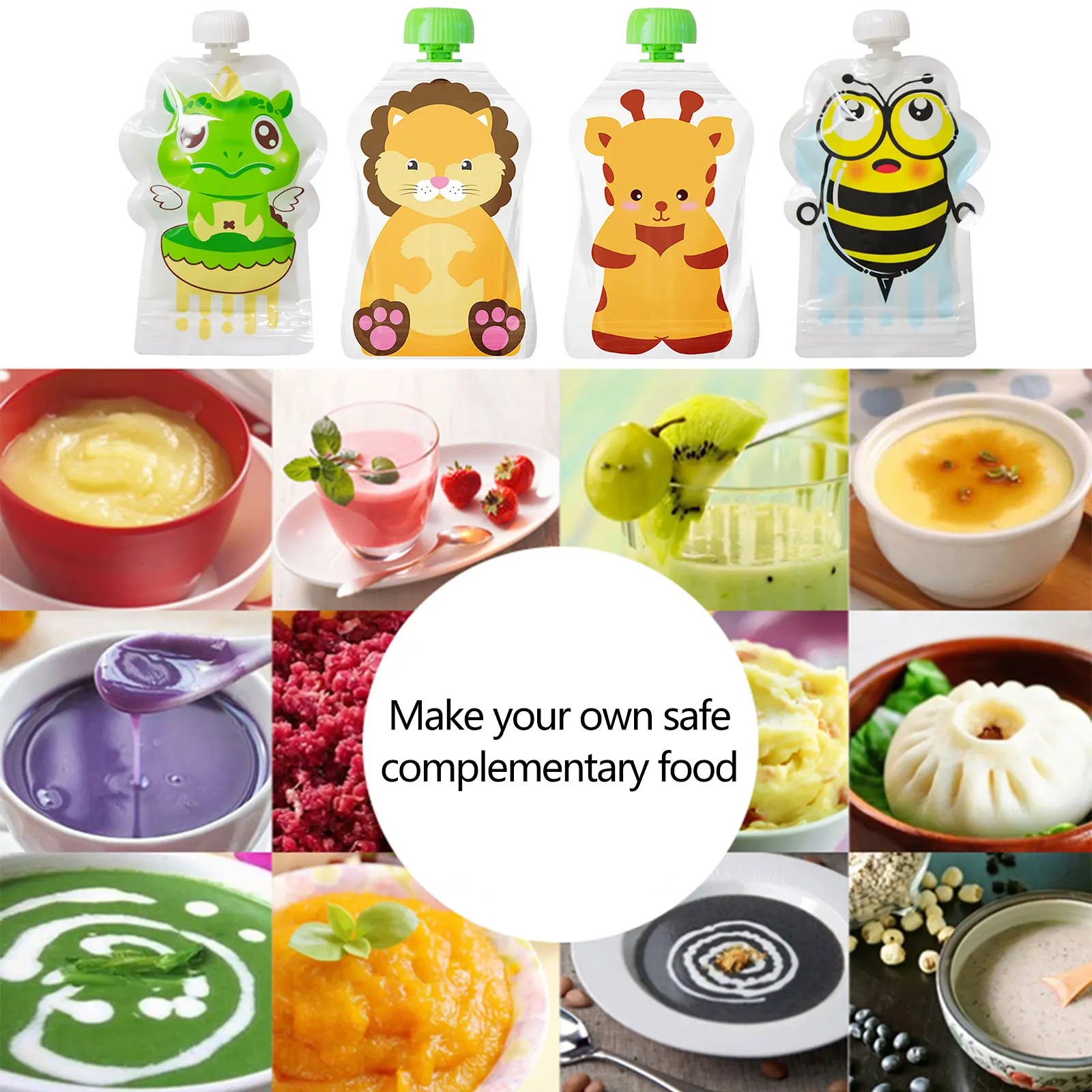 Baby Food Pouches Reusable - 4 Stück Lebensmittel-Aufbewahrungsbeutel, wiederverwendbar, 148 ml,