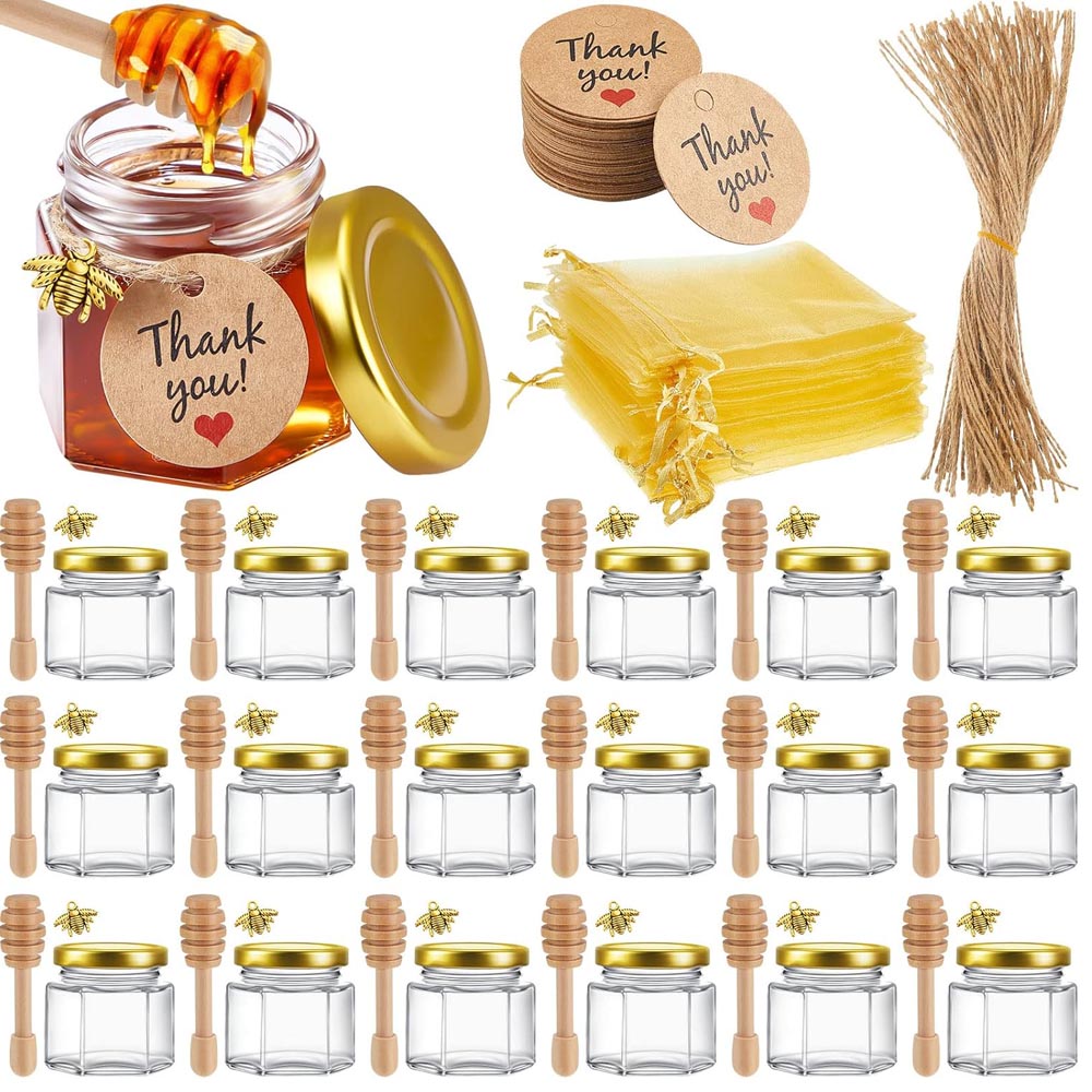 Baby Food Variety Pack - Mini-Honiggläser mit Honiglöffel, Golddeckel, Bienenanhängern, Geschenktüten